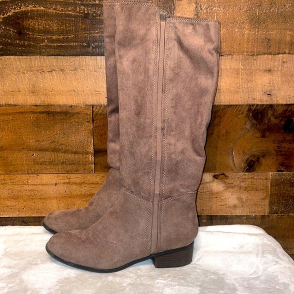 Target Suede Tall Boots - Gray or taupe slip on, right below the knee